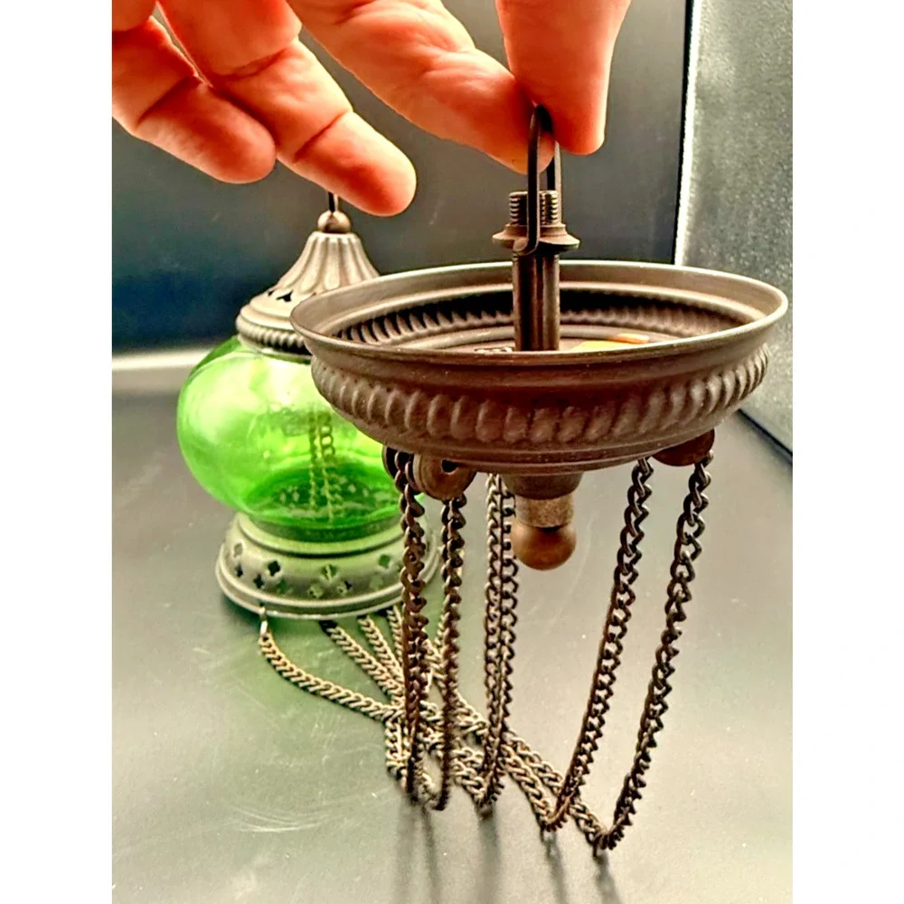 Hanging Metal Greek Sanctuary Vigil Lamp Candle Holder Green Glass Bell Jar